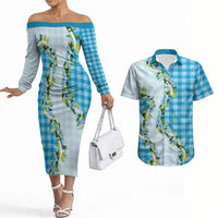 Blue Hawaii Palaka Couples Matching Off The Shoulder Long Sleeve Dress and Hawaiian Shirt Maile Pikake Honohono Orchid Lei LT05 Blue - Polynesian Pride