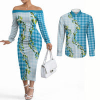 Blue Hawaii Palaka Couples Matching Off The Shoulder Long Sleeve Dress and Long Sleeve Button Shirt Maile Pikake Honohono Orchid Lei LT05 Blue - Polynesian Pride