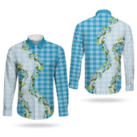 Blue Hawaii Palaka Couples Matching Off The Shoulder Long Sleeve Dress and Long Sleeve Button Shirt Maile Pikake Honohono Orchid Lei LT05 - Polynesian Pride