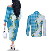 Blue Hawaii Palaka Couples Matching Off The Shoulder Long Sleeve Dress and Long Sleeve Button Shirt Maile Pikake Honohono Orchid Lei