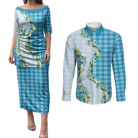 Blue Hawaii Palaka Couples Matching Puletasi and Long Sleeve Button Shirt Maile Pikake Honohono Orchid Lei LT05 Blue - Polynesian Pride