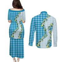 Blue Hawaii Palaka Couples Matching Puletasi and Long Sleeve Button Shirt Maile Pikake Honohono Orchid Lei LT05 - Polynesian Pride