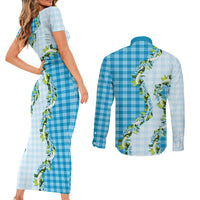 Blue Hawaii Palaka Couples Matching Short Sleeve Bodycon Dress and Long Sleeve Button Shirt Maile Pikake Honohono Orchid Lei