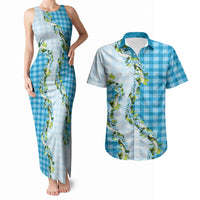 Blue Hawaii Palaka Couples Matching Tank Maxi Dress and Hawaiian Shirt Maile Pikake Honohono Orchid Lei LT05 Blue - Polynesian Pride