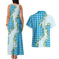 Blue Hawaii Palaka Couples Matching Tank Maxi Dress and Hawaiian Shirt Maile Pikake Honohono Orchid Lei LT05 - Polynesian Pride
