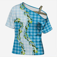Blue Hawaii Palaka Cross Shoulder Shirt Maile Pikake Honohono Orchid Lei
