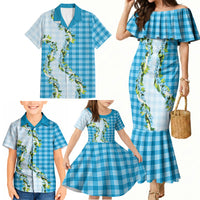 Blue Hawaii Palaka Family Matching Mermaid Dress and Hawaiian Shirt Maile Pikake Honohono Orchid Lei LT05 - Polynesian Pride