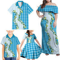 Blue Hawaii Palaka Family Matching Off Shoulder Maxi Dress and Hawaiian Shirt Maile Pikake Honohono Orchid Lei