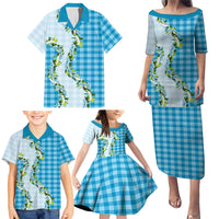 Blue Hawaii Palaka Family Matching Puletasi and Hawaiian Shirt Maile Pikake Honohono Orchid Lei