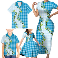 Blue Hawaii Palaka Family Matching Short Sleeve Bodycon Dress and Hawaiian Shirt Maile Pikake Honohono Orchid Lei LT05 - Polynesian Pride