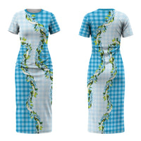 Blue Hawaii Palaka Family Matching Short Sleeve Bodycon Dress and Hawaiian Shirt Maile Pikake Honohono Orchid Lei LT05 Mom's Dress Blue - Polynesian Pride