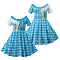 Blue Hawaii Palaka Family Matching Short Sleeve Bodycon Dress and Hawaiian Shirt Maile Pikake Honohono Orchid Lei LT05 Daughter's Dress Blue - Polynesian Pride