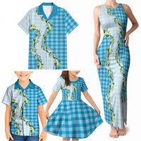Blue Hawaii Palaka Family Matching Tank Maxi Dress and Hawaiian Shirt Maile Pikake Honohono Orchid Lei LT05 - Polynesian Pride