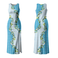 Blue Hawaii Palaka Family Matching Tank Maxi Dress and Hawaiian Shirt Maile Pikake Honohono Orchid Lei LT05 Mom's Dress Blue - Polynesian Pride