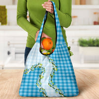 Blue Hawaii Palaka Grocery Bag Maile Pikake Honohono Orchid Lei