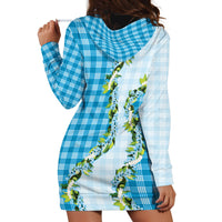 Blue Hawaii Palaka Hoodie Dress Maile Pikake Honohono Orchid Lei