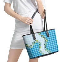 Blue Hawaii Palaka Leather Tote Bag Maile Pikake Honohono Orchid Lei