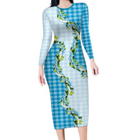 Blue Hawaii Palaka Long Sleeve Bodycon Dress Maile Pikake Honohono Orchid Lei LT05 Long Dress Blue - Polynesian Pride