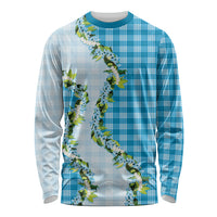 Blue Hawaii Palaka Long Sleeve Shirt Maile Pikake Honohono Orchid Lei