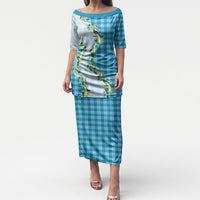 Blue Hawaii Palaka Puletasi Maile Pikake Honohono Orchid Lei LT05 Long Dress Blue - Polynesian Pride