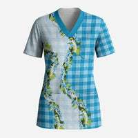 Blue Hawaii Palaka Scrub Top Maile Pikake Honohono Orchid Lei LT05 Adult Blue - Polynesian Pride