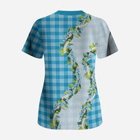 Blue Hawaii Palaka Scrub Top Maile Pikake Honohono Orchid Lei LT05 - Polynesian Pride