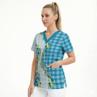 Blue Hawaii Palaka Scrub Top Maile Pikake Honohono Orchid Lei LT05 - Polynesian Pride