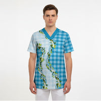 Blue Hawaii Palaka Scrub Top Maile Pikake Honohono Orchid Lei LT05 - Polynesian Pride