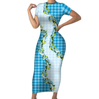 Blue Hawaii Palaka Short Sleeve Bodycon Dress Maile Pikake Honohono Orchid Lei LT05 Long Dress Blue - Polynesian Pride
