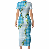 Blue Hawaii Palaka Short Sleeve Bodycon Dress Maile Pikake Honohono Orchid Lei LT05 - Polynesian Pride