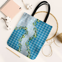 Blue Hawaii Palaka Tote Bag Maile Pikake Honohono Orchid Lei