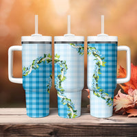 Blue Hawaii Palaka Tumbler With Handle Maile Pikake Honohono Orchid Lei