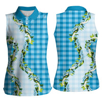 Blue Hawaii Palaka Women Sleeveless Polo Shirt Maile Pikake Honohono Orchid Lei