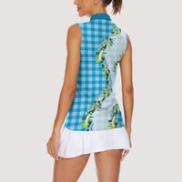 Blue Hawaii Palaka Women Sleeveless Polo Shirt Maile Pikake Honohono Orchid Lei