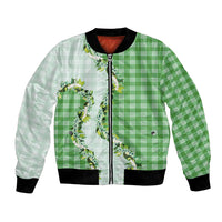Green Hawaii Palaka Bomber Jacket Maile Pikake Honohono Orchid Lei
