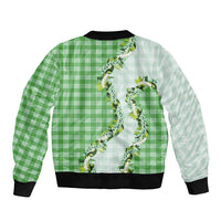 Green Hawaii Palaka Bomber Jacket Maile Pikake Honohono Orchid Lei