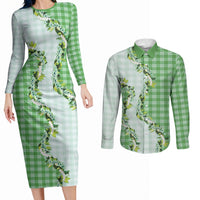 Green Hawaii Palaka Couples Matching Long Sleeve Bodycon Dress and Long Sleeve Button Shirt Maile Pikake Honohono Orchid Lei LT05 Green - Polynesian Pride