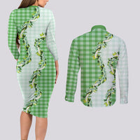 Green Hawaii Palaka Couples Matching Long Sleeve Bodycon Dress and Long Sleeve Button Shirt Maile Pikake Honohono Orchid Lei