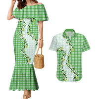 Green Hawaii Palaka Couples Matching Mermaid Dress and Hawaiian Shirt Maile Pikake Honohono Orchid Lei