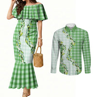 Green Hawaii Palaka Couples Matching Mermaid Dress and Long Sleeve Button Shirt Maile Pikake Honohono Orchid Lei LT05 Green - Polynesian Pride