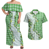 Green Hawaii Palaka Couples Matching Off Shoulder Maxi Dress and Hawaiian Shirt Maile Pikake Honohono Orchid Lei LT05 Green - Polynesian Pride