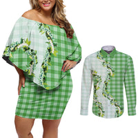 Green Hawaii Palaka Couples Matching Off Shoulder Short Dress and Long Sleeve Button Shirt Maile Pikake Honohono Orchid Lei LT05 Green - Polynesian Pride