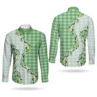 Green Hawaii Palaka Couples Matching Off Shoulder Short Dress and Long Sleeve Button Shirt Maile Pikake Honohono Orchid Lei LT05 - Polynesian Pride