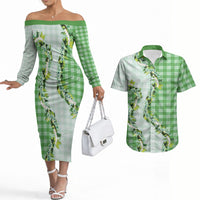 Green Hawaii Palaka Couples Matching Off The Shoulder Long Sleeve Dress and Hawaiian Shirt Maile Pikake Honohono Orchid Lei LT05 Green - Polynesian Pride