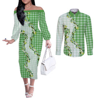 Green Hawaii Palaka Couples Matching Off The Shoulder Long Sleeve Dress and Long Sleeve Button Shirt Maile Pikake Honohono Orchid Lei