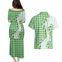 Green Hawaii Palaka Couples Matching Puletasi and Hawaiian Shirt Maile Pikake Honohono Orchid Lei LT05 - Polynesian Pride