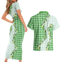 Green Hawaii Palaka Couples Matching Short Sleeve Bodycon Dress and Hawaiian Shirt Maile Pikake Honohono Orchid Lei