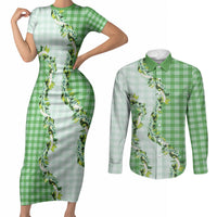 Green Hawaii Palaka Couples Matching Short Sleeve Bodycon Dress and Long Sleeve Button Shirt Maile Pikake Honohono Orchid Lei LT05 Green - Polynesian Pride