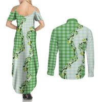 Green Hawaii Palaka Couples Matching Summer Maxi Dress and Long Sleeve Button Shirt Maile Pikake Honohono Orchid Lei LT05 - Polynesian Pride