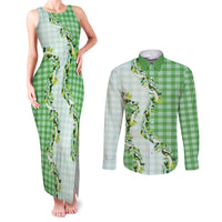 Green Hawaii Palaka Couples Matching Tank Maxi Dress and Long Sleeve Button Shirt Maile Pikake Honohono Orchid Lei LT05 Green - Polynesian Pride